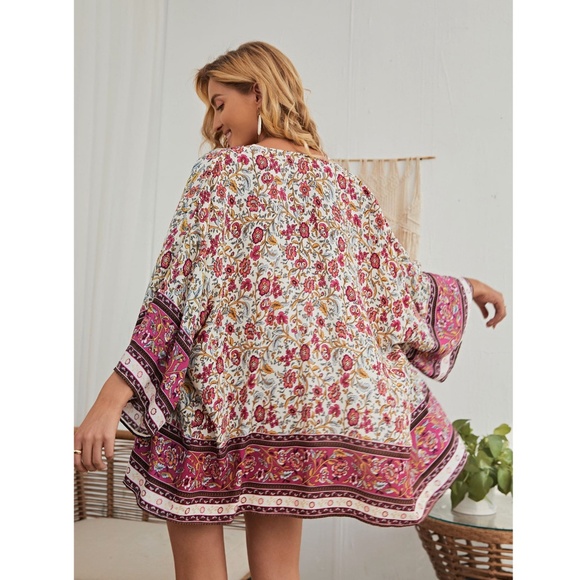 Floral Boho Kimono Style Open Coverup Batwing Sleeve - Picture 13 of 14